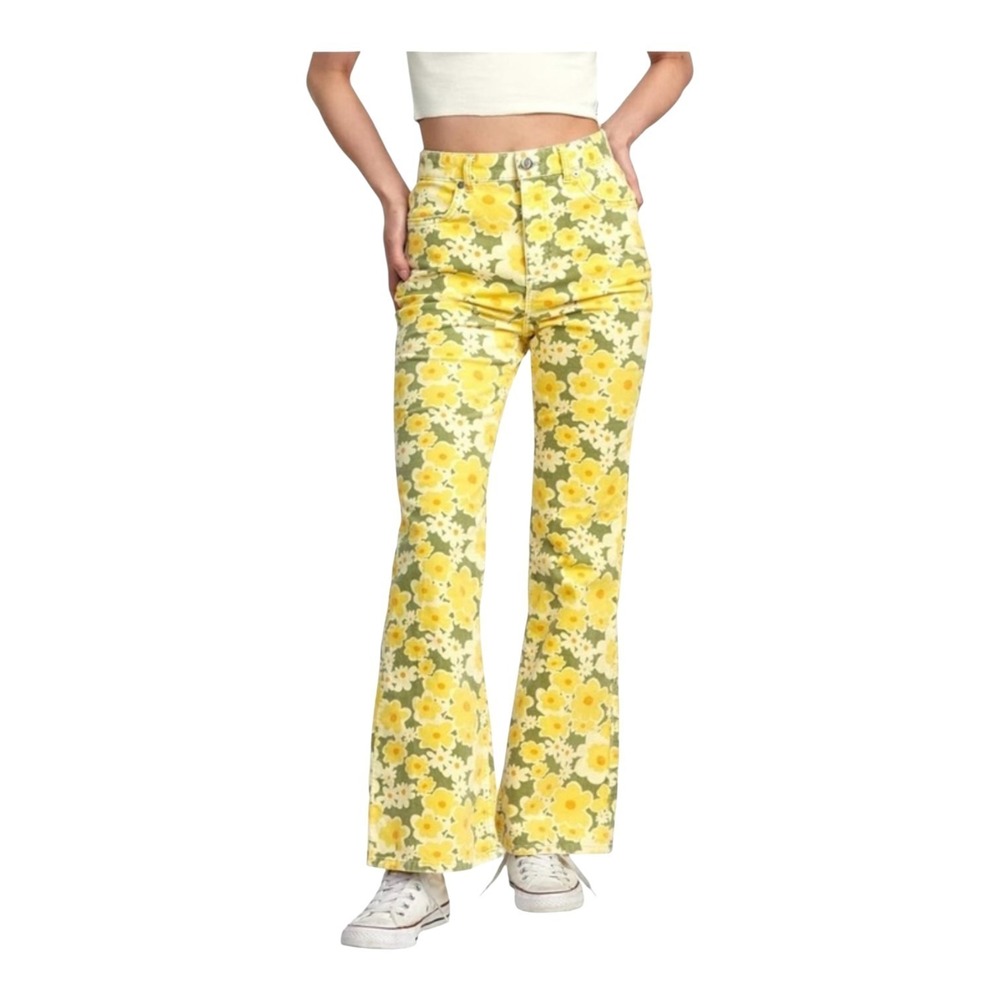 RVCA Groove Corduroy Floral Hippie Flare Yellow Green Boho Retro Pants Womens 26